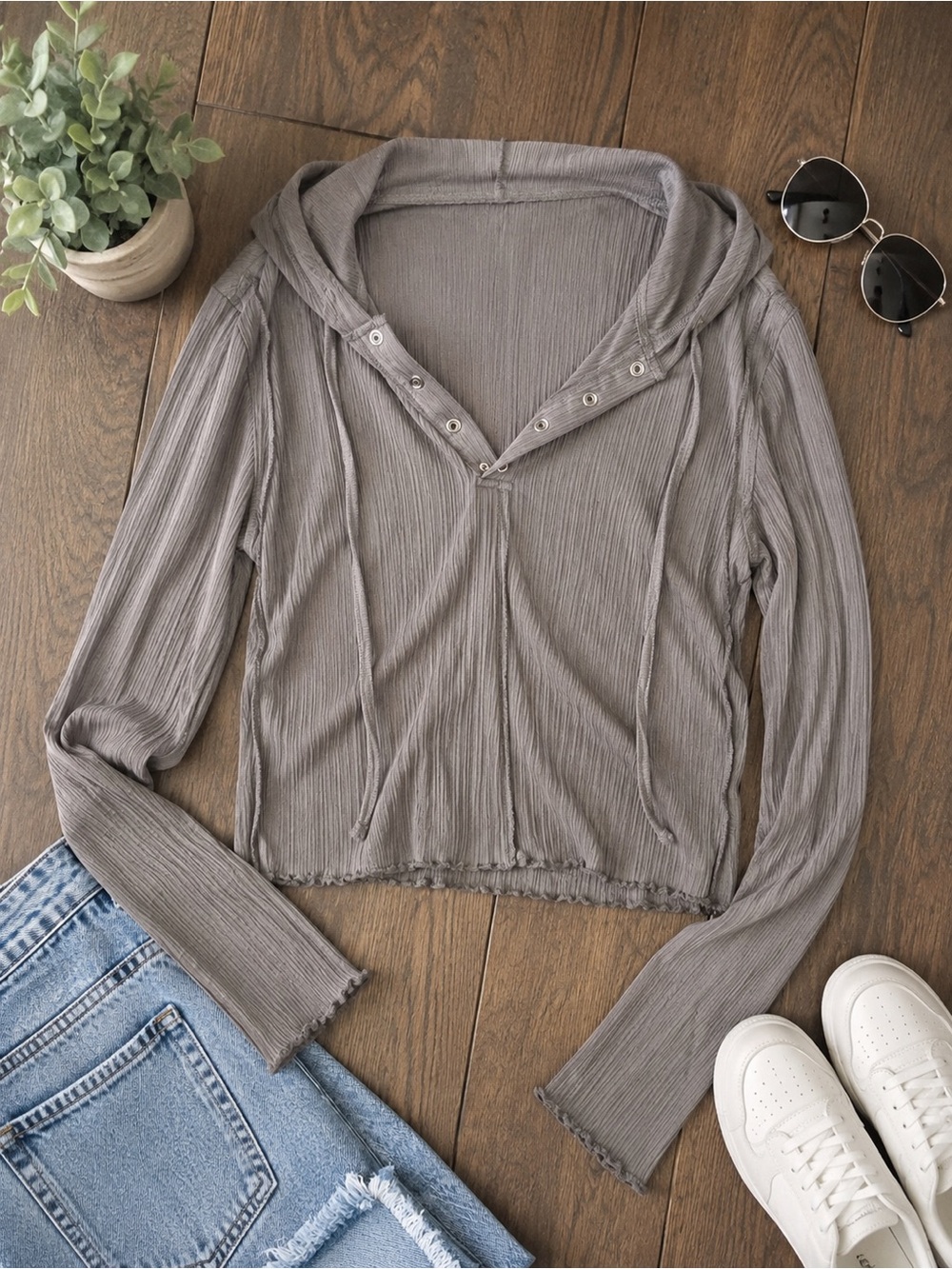 Cider Ribbed Cropped Hooded Snap Front Top Gray Taupe Long Sleeve Size 0XL